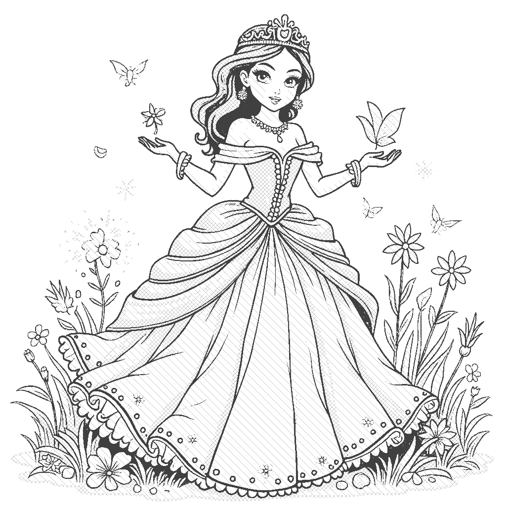 Coloring Page: Festival Princess - A lively princess in a colorful gown with lanterns and festive decorations all around her, celebrating a joyful festival with children and friends.