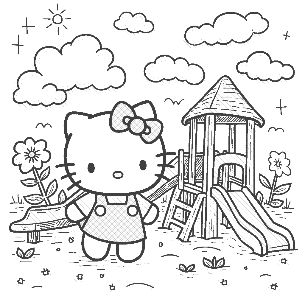 Coloring Page: Hello Kitty on the Playground - Hello Kitty playing on a vibrant playground, swinging on a swing set painted with rainbow colors, with flowers blooming all around.