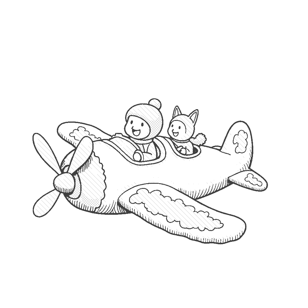 Coloring Page: In the Clouds - A fluffy cloud-shaped airplane being piloted by a smiling cartoon sun, drifting gently among soft cotton clouds.