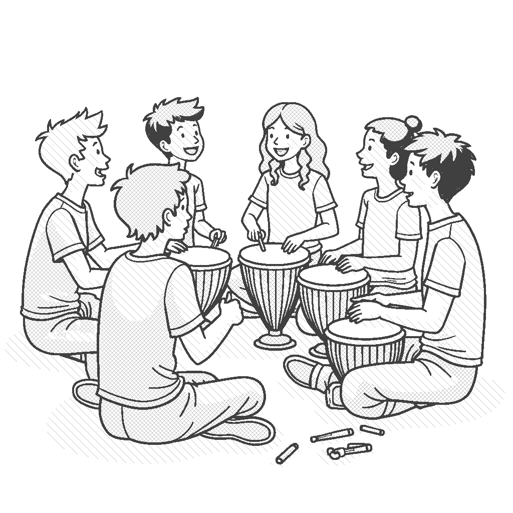 Coloring Page: Drum Circle - A group of friends sitting in a circle, each playing a different percussion instrument, creating a rhythm together.