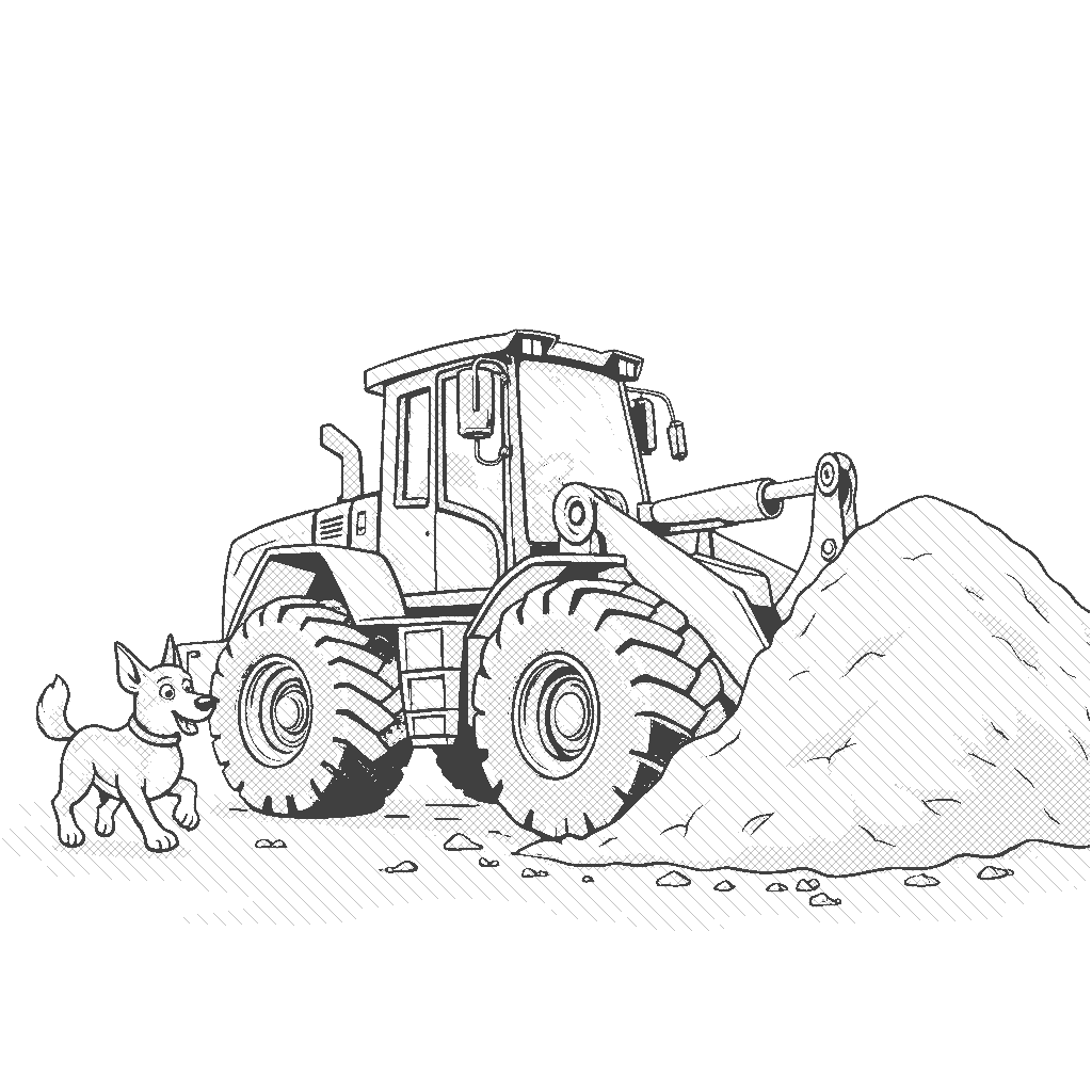 Coloring Page: Bulldozer's Big Push - Illustrate a bright yellow bulldozer pushing a large mound of earth. A cheerful dog is playfully running alongside, looking excited as it watches the bulldozer at work.