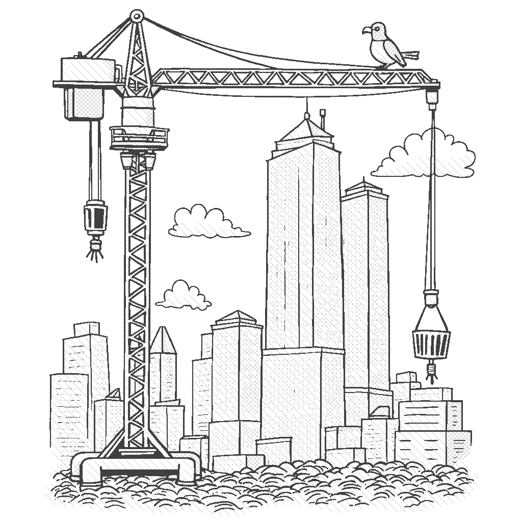 Coloring Page: Cranes in the City - A tall crane is lifting materials to build a skyscraper, with a bird perched on its arm overseeing the construction.