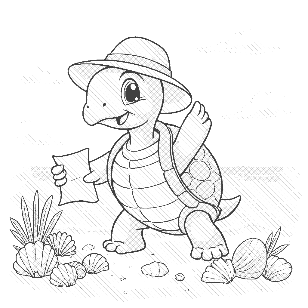 Coloring Page: Turtle's Treasure Hunt - Illustrate a cheerful turtle wearing a little explorer's hat, searching for hidden treasures on the beach. There's a sparkling sea, colorful shells, and a map in its flipper.