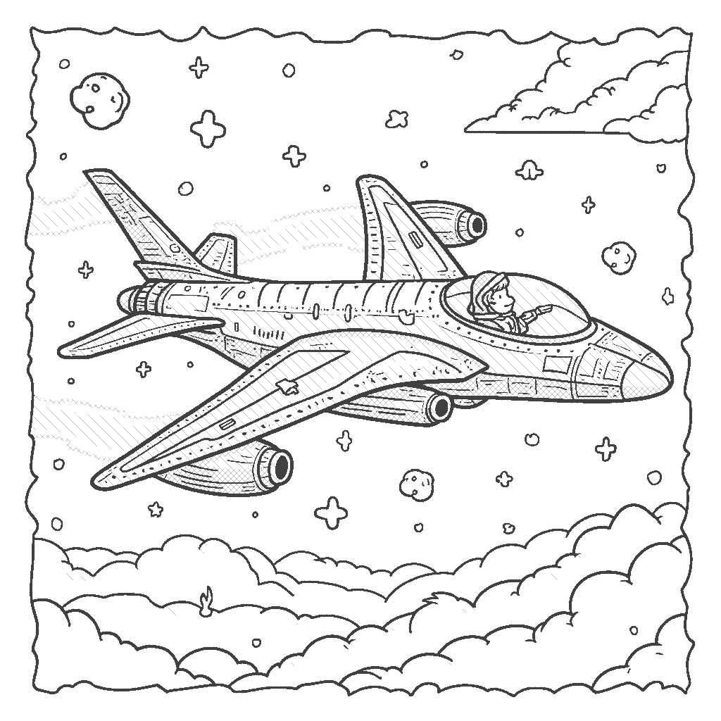 Coloring Page: Galactic Explorer - An airplane resembling a starship, flying through a cosmic scene filled with swirling galaxies and bright shooting stars in vibrant colors.