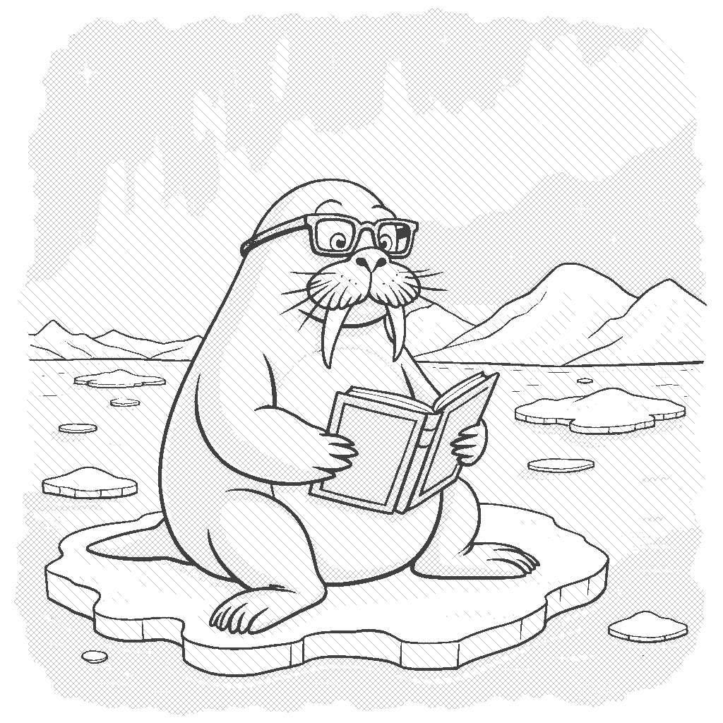 Coloring Page: Walrus Wisdom - A wise old walrus sitting on an ice floe, wearing glasses and reading a book about the Arctic. The background features a beautiful aurora borealis illuminating the night sky.