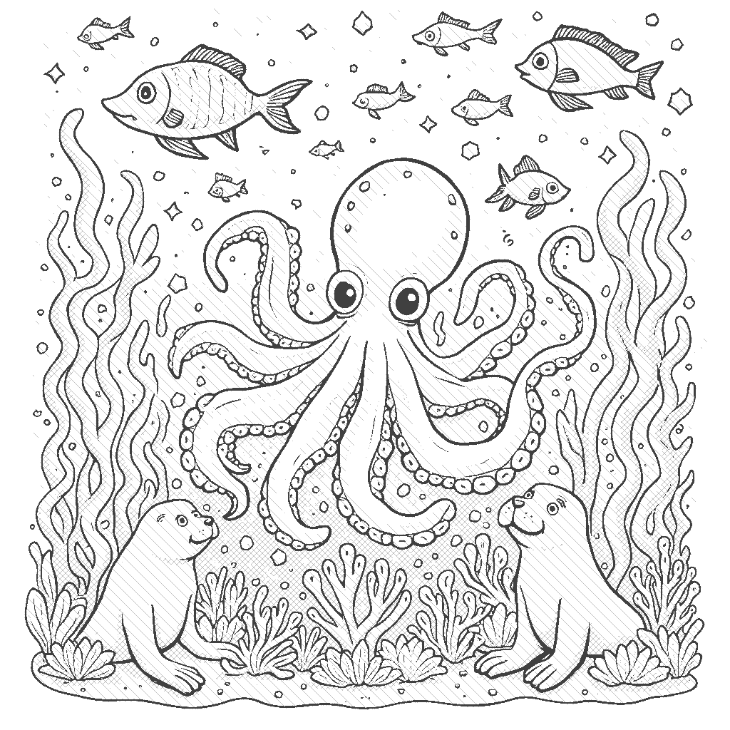 Coloring Page: Octopus Underwater Parade - An artistic octopus creates colorful underwater decorations for a spectacular parade. Sea creatures like vibrant fish and a friendly walrus join in, celebrating the beauty of the ocean.