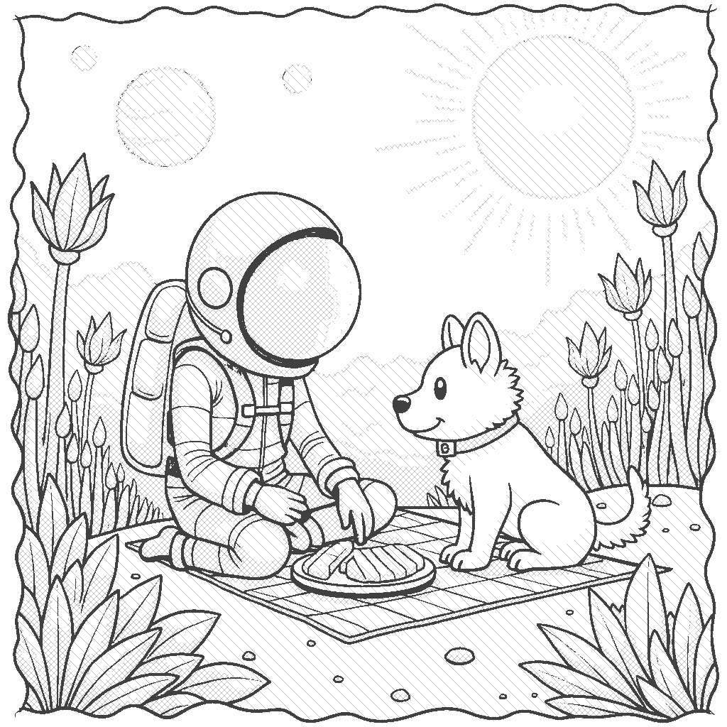 Coloring Page: Planetary Picnic - A space explorer and their trusty space dog set up a picnic on the surface of a vibrant, alien planet. The background features exotic plants and two suns shining in the bright sky, creating a playful and colorful scene.