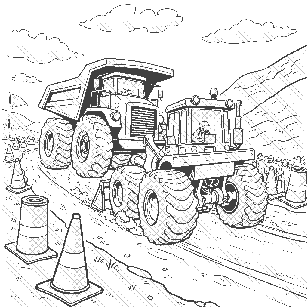 Coloring Page: Bulldozer Rally - A bulldozer is racing against a dumper truck on a dirt track, with spectators like cones and barrels cheering on the sidelines.