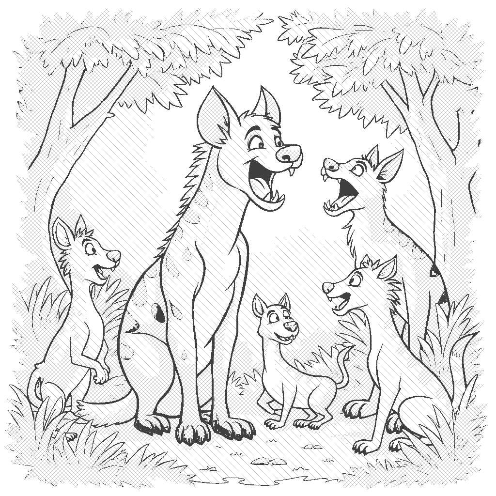 Coloring Page: Hyena's Laughing Competition - A playful scene where a hyena is participating in a laughing competition with other animals in a vibrant jungle setting. The hyena is mid-laugh, showing its teeth and surrounded by curious animals watching the fun.