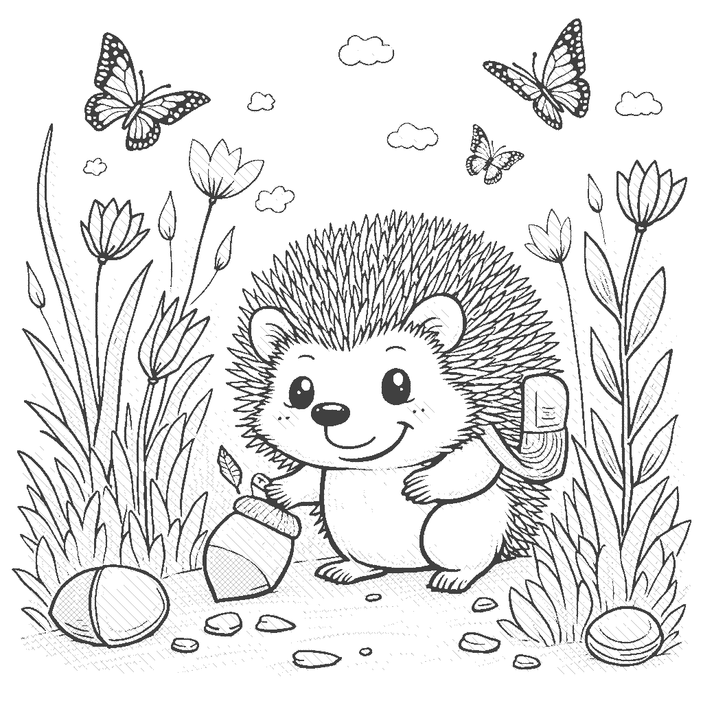 Coloring Page: The Hedgehog's Garden Adventure - A cute hedgehog is exploring a beautiful garden filled with flowers and butterflies. The hedgehog has a tiny backpack on its back, as it investigates a shiny acorn lying on the ground.