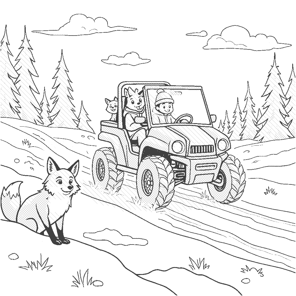 Coloring Page: Tundra Buggy Adventure - A tundra buggy driving across a snowy landscape, with a curious fox peeking out from behind a snowbank in the foreground.