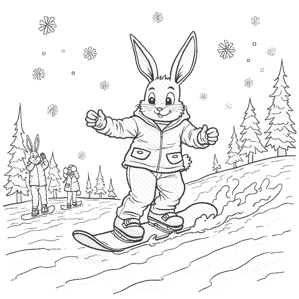 Coloring Page: Snowboarder on the Slopes - Draw an adventurous snowboarder bunny racing down a snowy hill, with friends cheering, snowflakes flying, and fun ski equipment scattered around the slopes.