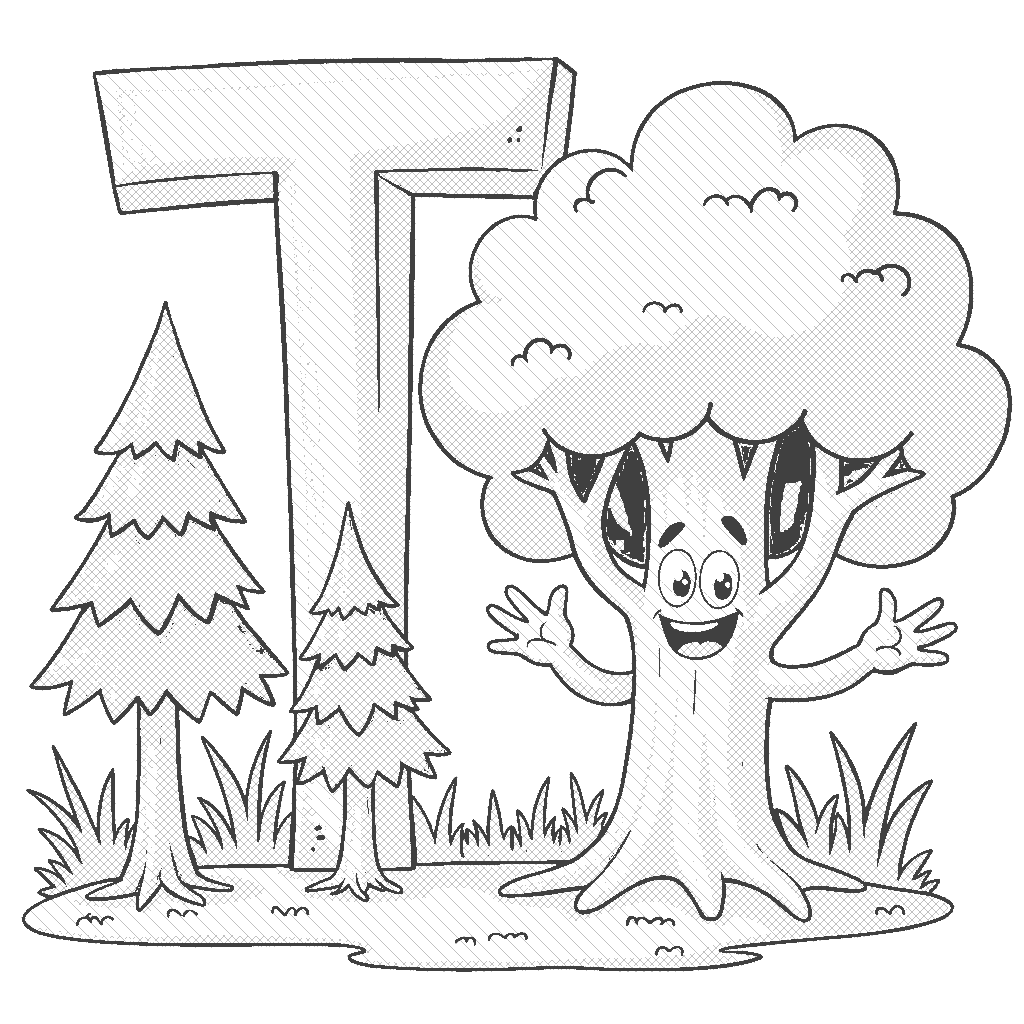 Coloring Page: Letter T and a Tree - The letter 'T' is surrounded by tall green trees, with one tree appearing to be a friendly character with a face and waving branches, inviting children to color it in.