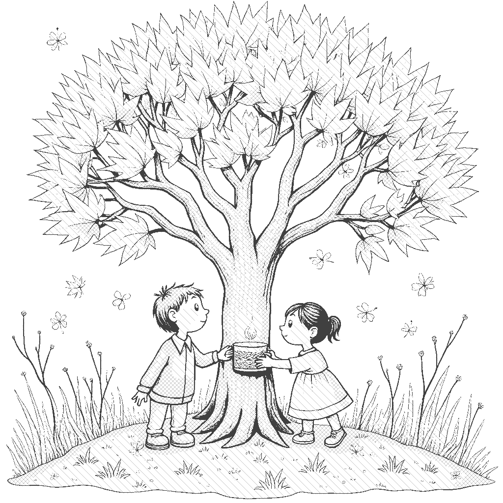 Coloring Page: Maple Syrup Dreams - A whimsical scene of a maple tree, with sap dripping into a pot, surrounded by playful squirrels and a sweeping backdrop of autumn colors.