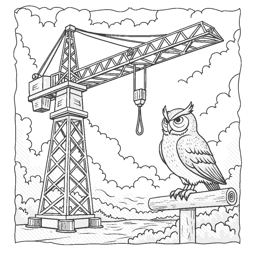 Coloring Page: Cranes in the Sky - A tall crane is lifting a heavy beam into the sky, with a wise old owl sitting on one of its beams, keeping watch.