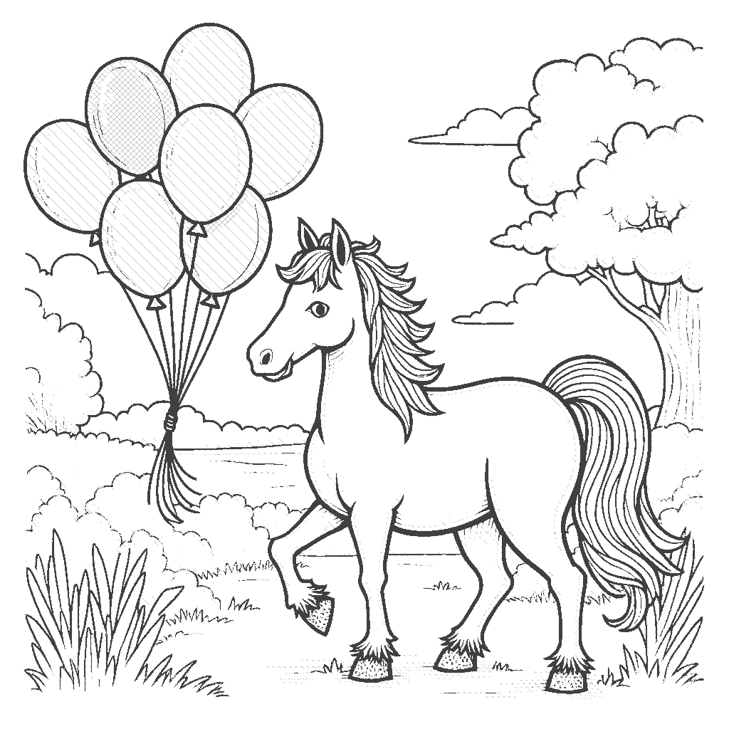 Coloring Page: Horse with a Balloon Bouquet - An adorable horse standing in a park holding a bunch of colorful balloons tied to its tail, surrounded by picnicking families and a playground.