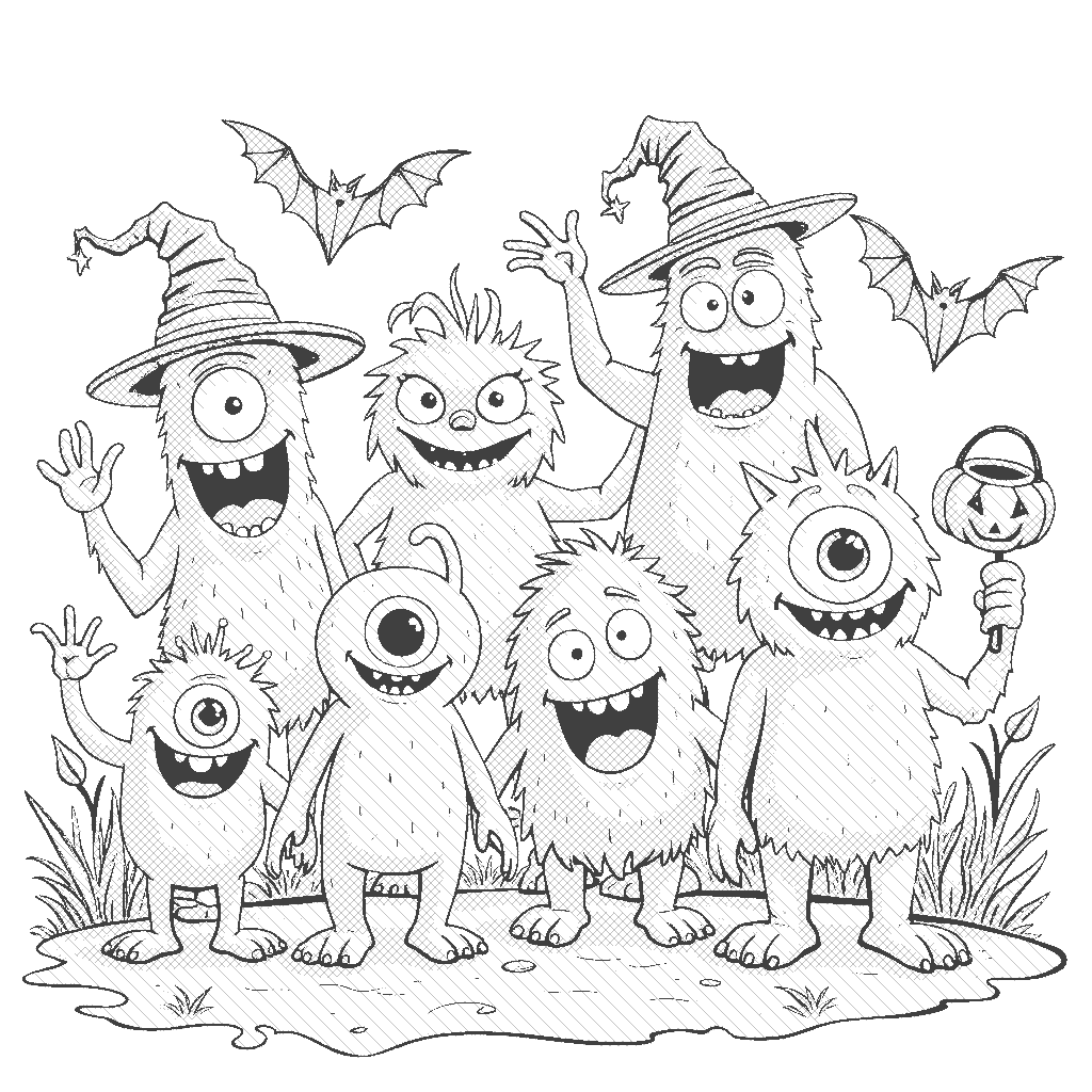 Coloring Page: Monster Parade - A parade of cute monsters celebrating Halloween. Each monster is uniquely colored - aqua, lavender, and bright orange, complete with fun costumes and accessories. They're marching through a candy-coated landscape with lollipops and gumdrops.