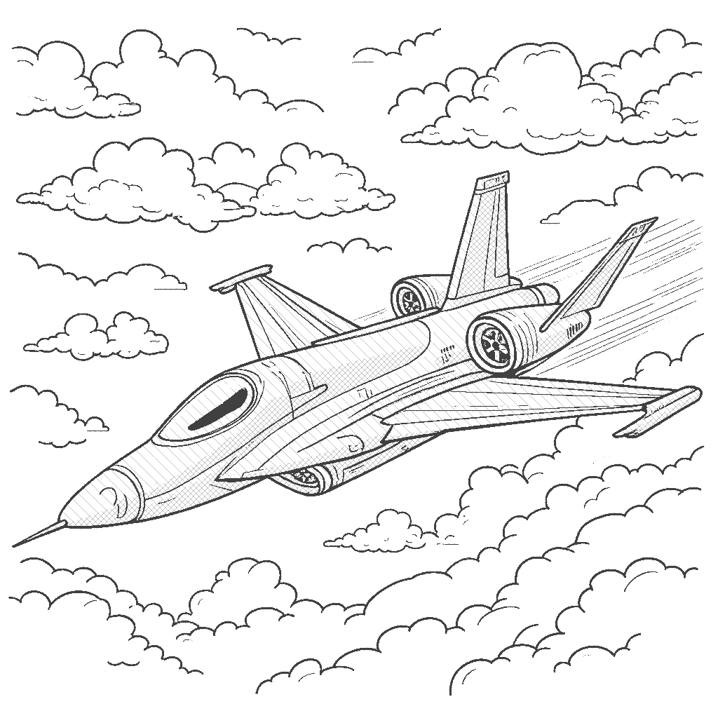 Coloring Page: Cloud Chaser - A sleek modern jet flying through a sky of soft pastel colors, with fluffy clouds surrounding it like cotton candy.