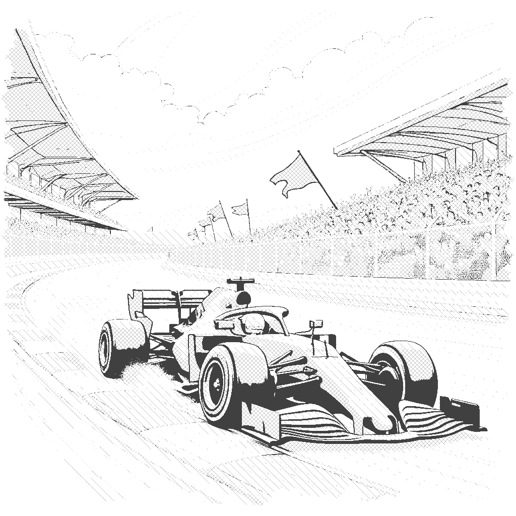 Coloring Page: Formula 1 Race - A high-speed Formula 1 car zooming around a racetrack, with cheering fans in the grandstands waving flags.