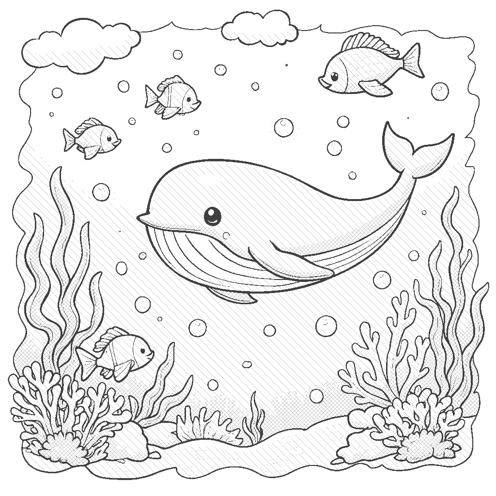 Coloring Page: Whale's Ocean Symphony - Create an enchanting underwater scene with a singing whale, surrounded by friendly fish, coral reefs, and bubbles, showcasing the beauty of the ocean melodies.