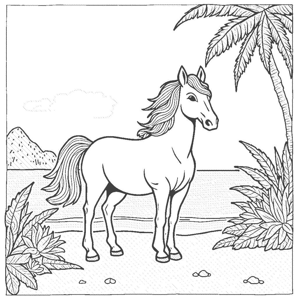 Coloring Page: Fantasy Island Horse - A magical horse on a small tropical island, surrounded by colorful birds and palm trees, with a backdrop of a beautiful rainbow arching over the ocean.