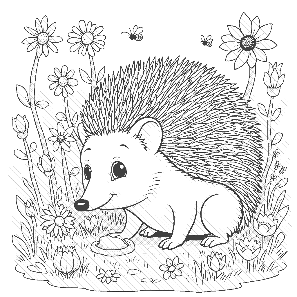 Coloring Page: Hedgehog in the Garden - A hedgehog exploring a garden, with various flowers and insects around it, curiously sniffing around.