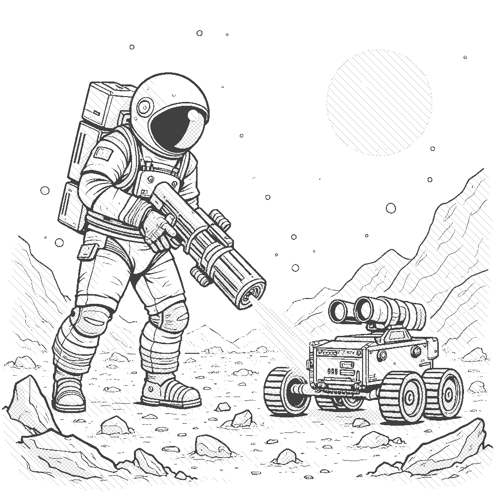 Coloring Page: Asteroid Mining Adventure - A lone astronaut works diligently on a metallic asteroid, using high-tech tools to extract valuable minerals. A small rover stands nearby, assisting in the task.