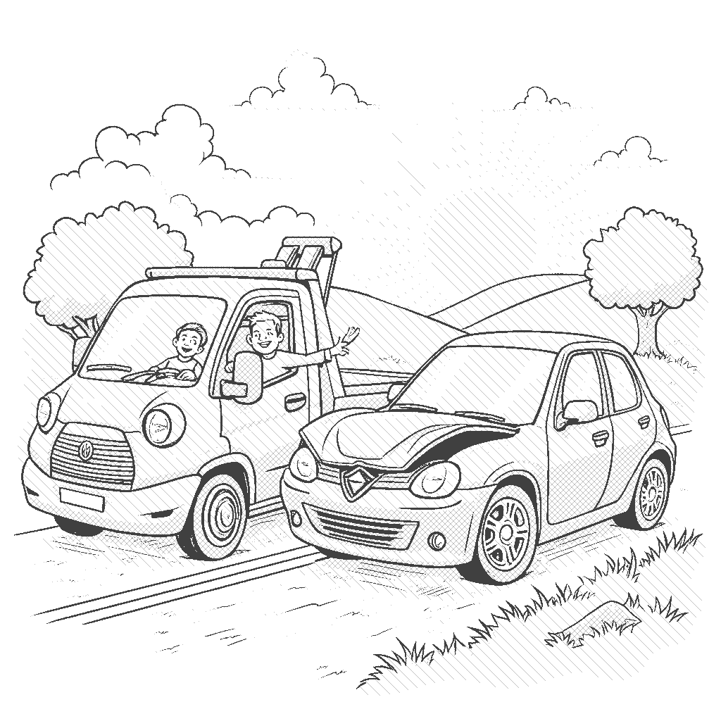 Coloring Page: Tow Truck Helping a Car - A tow truck is assisting a broken-down car on the side of the road, with a friendly driver offering help. In the background, a sun is setting behind the hills.