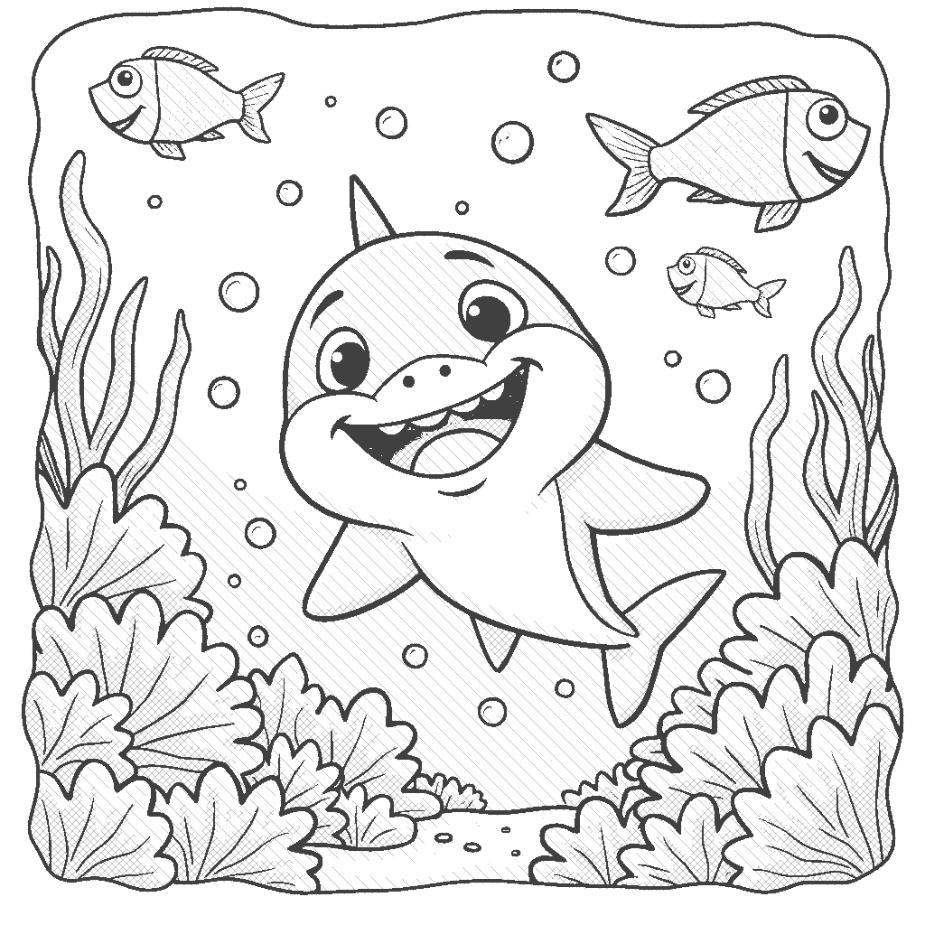 Coloring Page: Shark Encounter - A friendly shark swims alongside a vibrant coral reef, surrounded by colorful fish. The shark is smiling, inviting kids to color its sleek body and the lively reef.