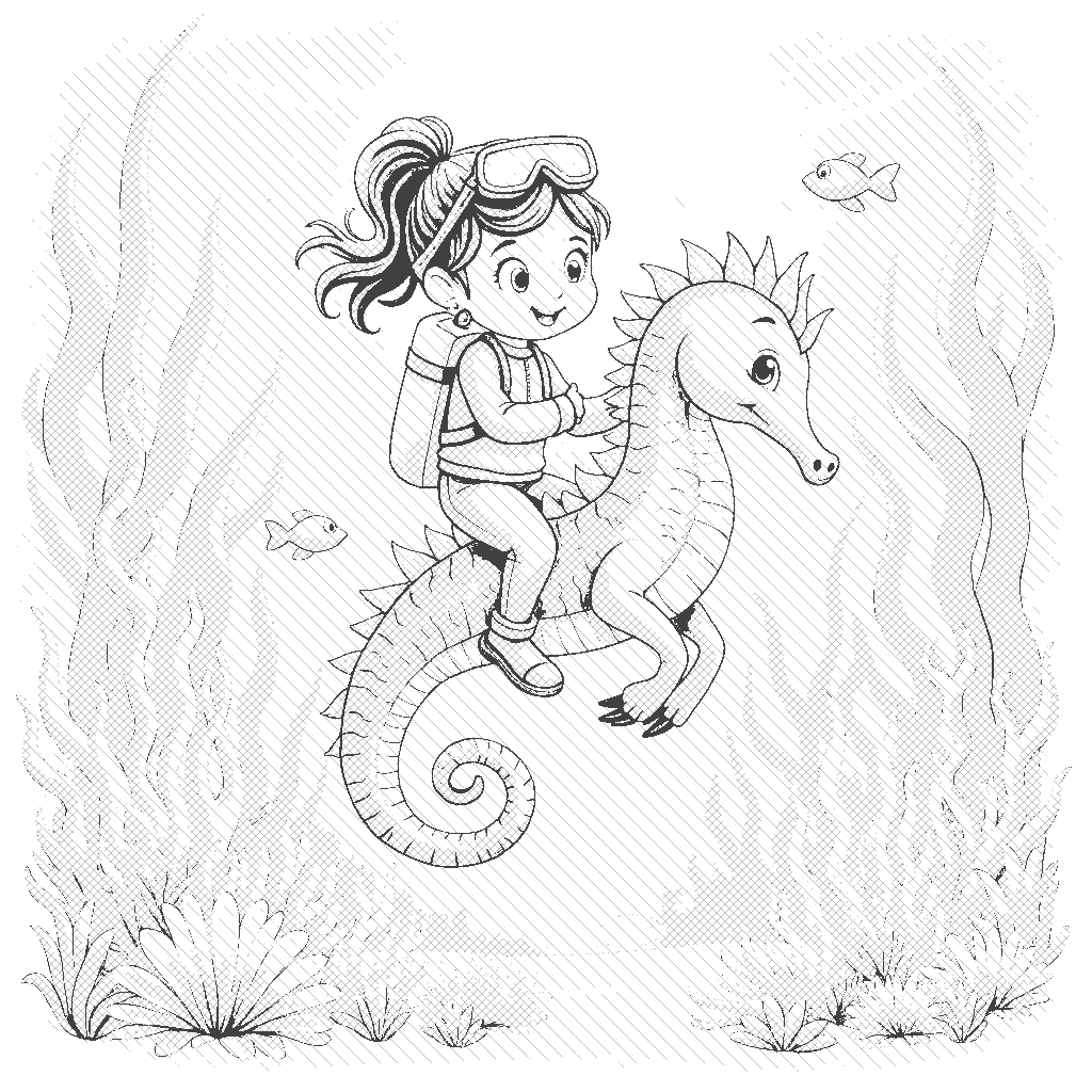 Coloring Page: Seahorse Ride - A little girl in a diving suit gently riding on the back of a friendly seahorse as they explore a vibrant underwater garden filled with sea plants and fish.