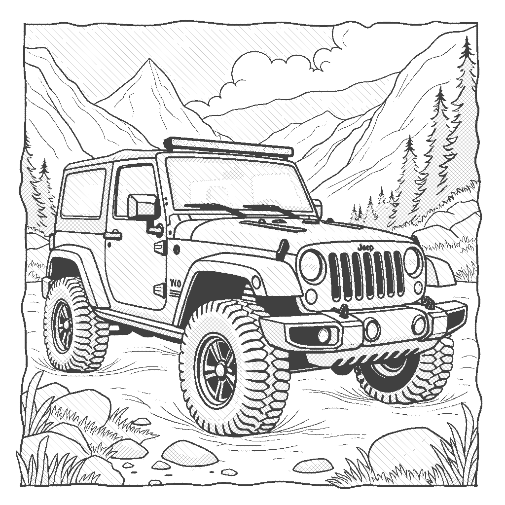 Coloring Page: Jeep Adventure - A colorful jeep driving through a mountainous landscape with trees and rocks in the background.