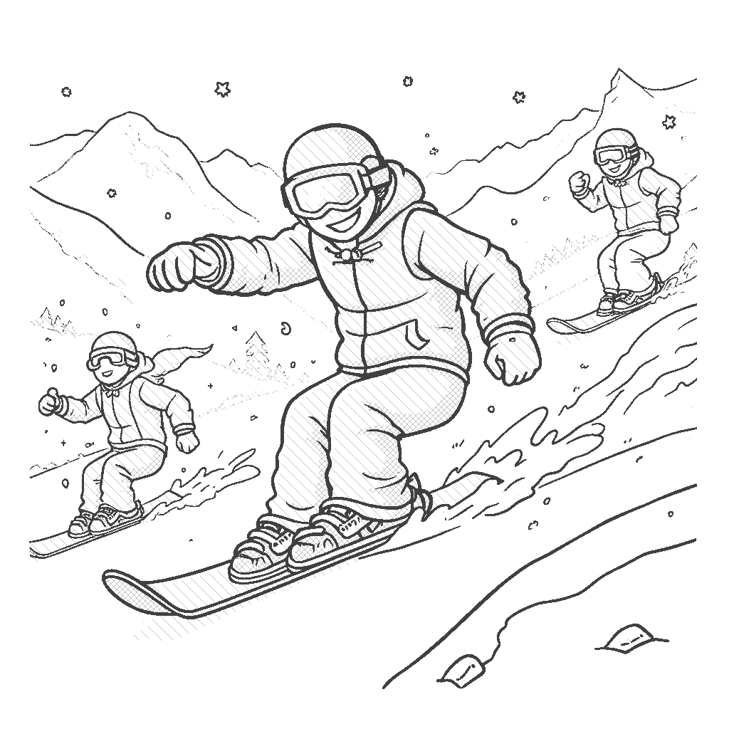 Coloring Page: Snowboarder on a Mountain - An excited snowboarder racing down a snowy mountain slope, with snowflakes flying in the air and other skiers cheering in the background.