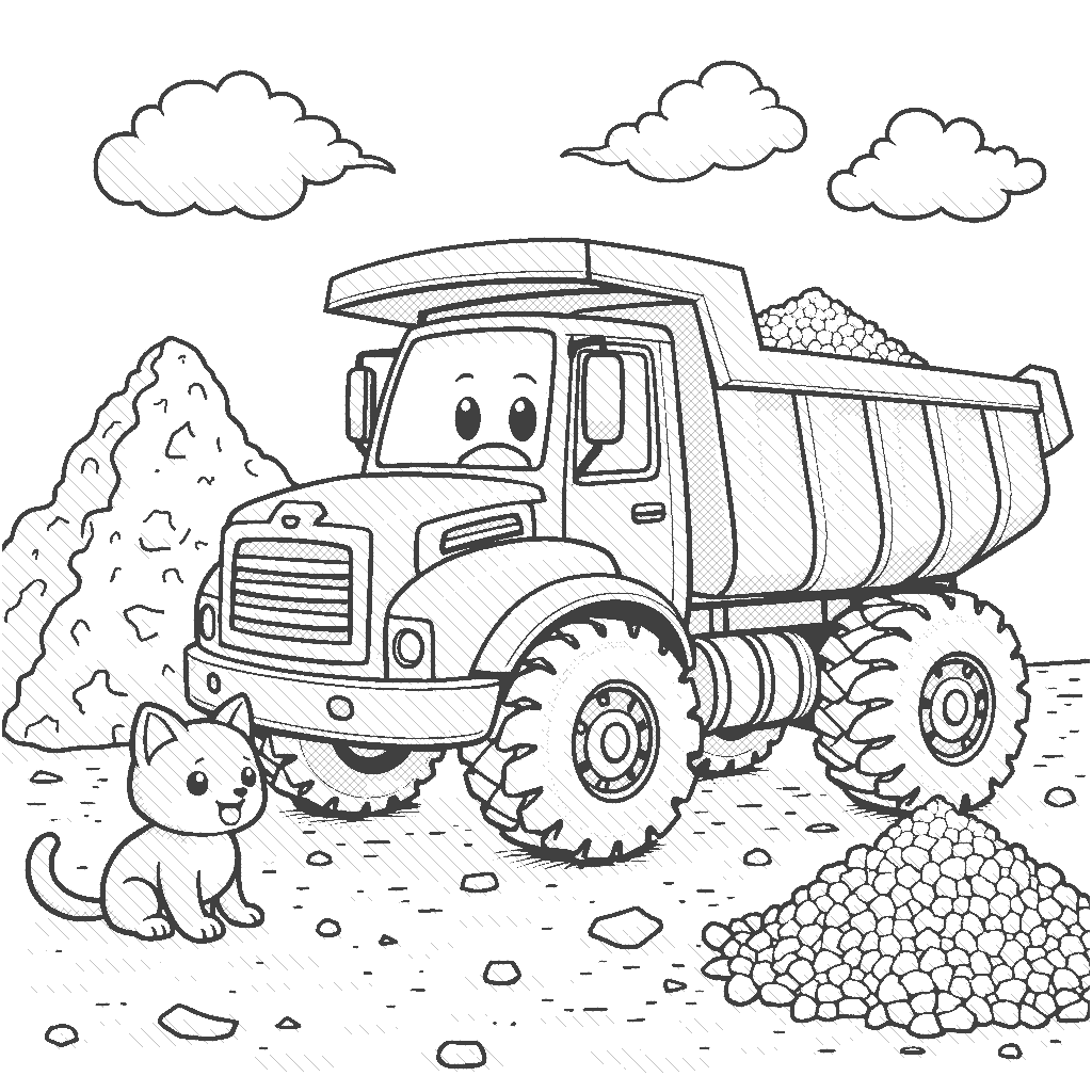 Coloring Page: Dump Truck Delivery - A friendly dump truck is unloading gravel at a construction site, while a playful kitten is playing in the gravel pile.