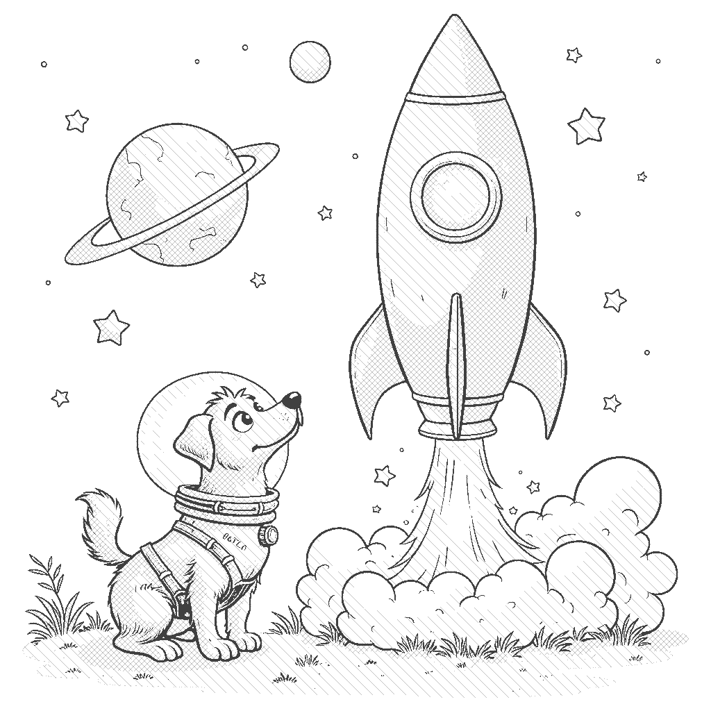 Coloring Page: Rocket Launch - A bright red rocket ship is about to launch into space. A curious dog with a space suit looks up at the rocket, tail wagging in excitement.