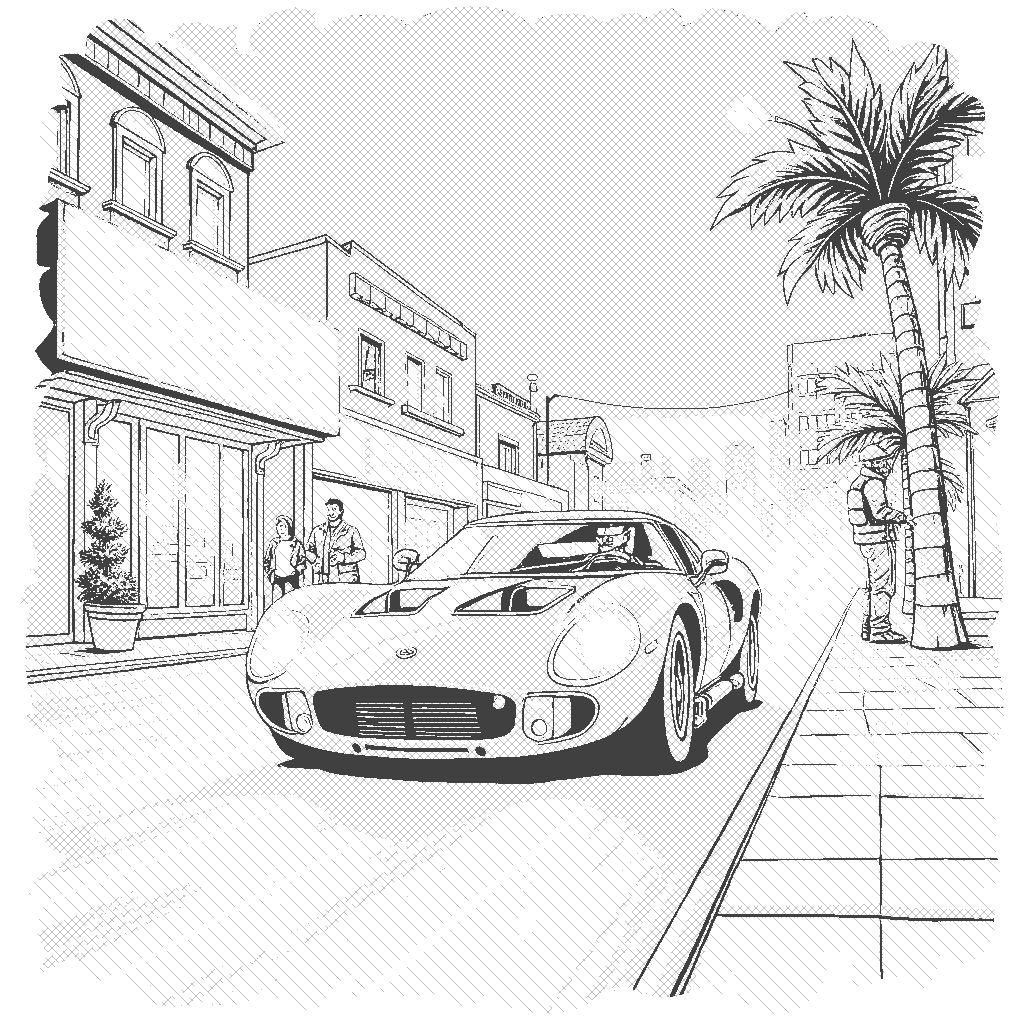 Coloring Page: Night Racing - Create a thrilling night scene of a high-speed racing car zooming down a neon-lit city street, leaving trails of light behind, with a spectator watching in awe from the sidewalk.