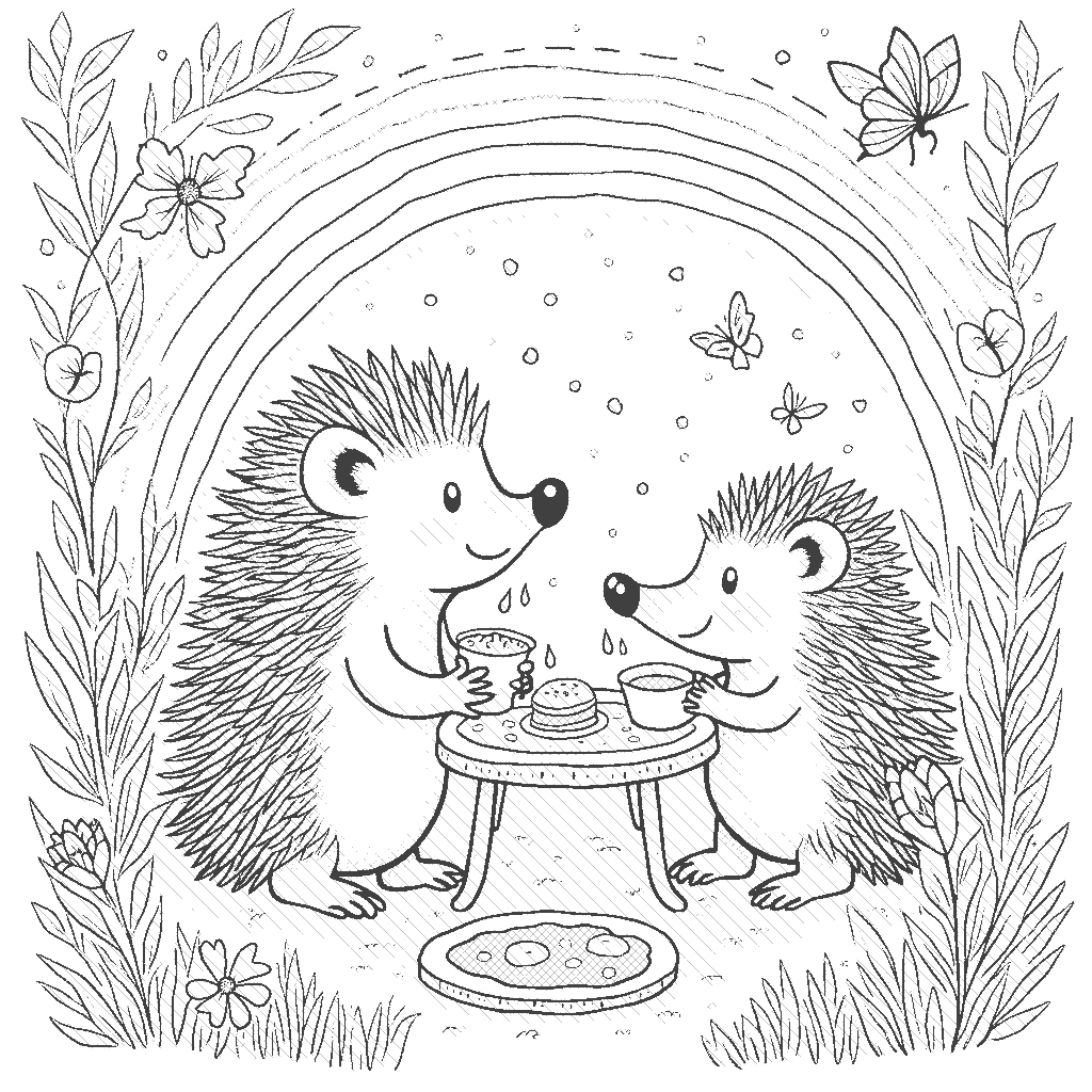 Coloring Page: Hedgehog's Garden Party - A cute hedgehog throwing a garden party for his forest friends, with little tables set up and snacks everywhere, under a rainbow. There are butterflies and bees buzzing around, adding to the festive atmosphere.