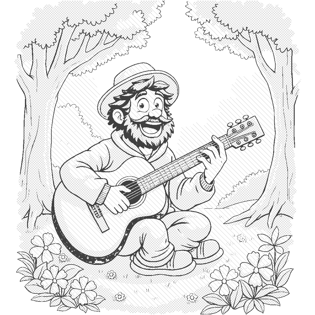 Coloring Page: The Guitarist's Serenade - A cheerful guitarist playing an acoustic guitar in a park, surrounded by trees and flowers. Sunlight filters through the leaves, creating a warm atmosphere.