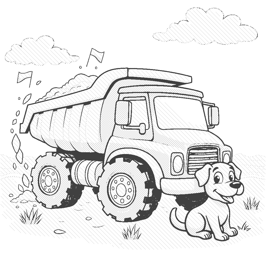 Coloring Page: Dump Truck Delivery - A colorful dump truck unloading sand at a beach, with a happy dog playing in the sand.