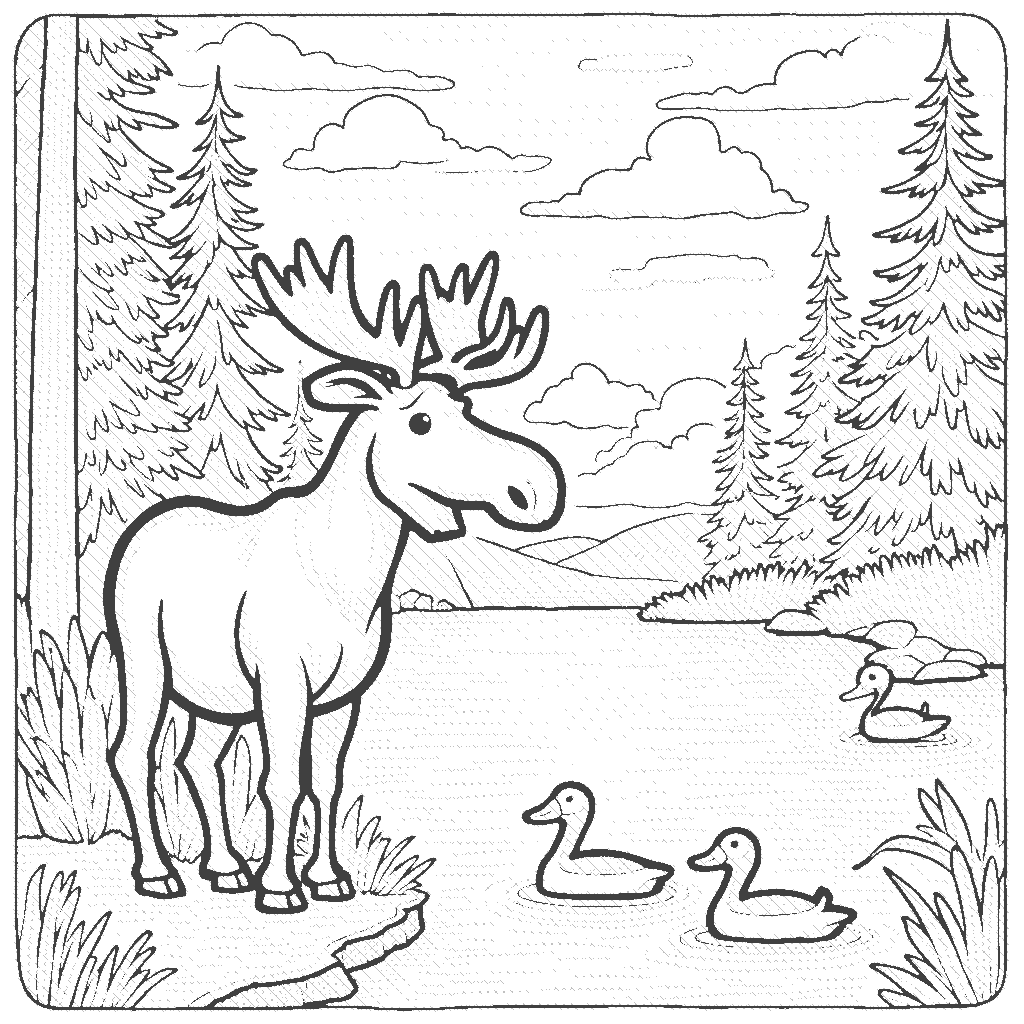 Coloring Page: Moose in the Forest - A gentle moose standing beside a sparkling lake in a serene forest, with tall pine trees and a family of ducks swimming nearby.