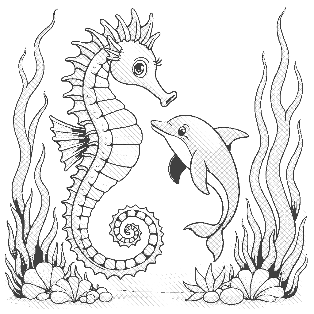 Coloring Page: Seahorse Serenade - A graceful seahorse floats gently among swaying seaweed while a curious dolphin swims nearby, intrigued by the seahorse's delicate movements.