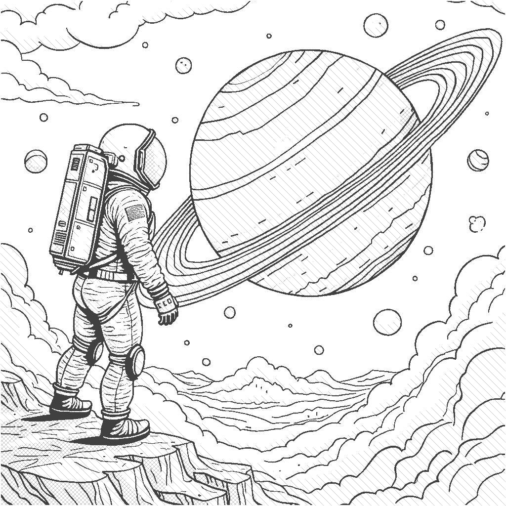 Coloring Page: Exploring the Rings of Saturn - An astronaut gazes in awe at the magnificent rings of Saturn while drifting in space. The scene captures the vibrant colors of the rings and the mysterious shadows they cast.