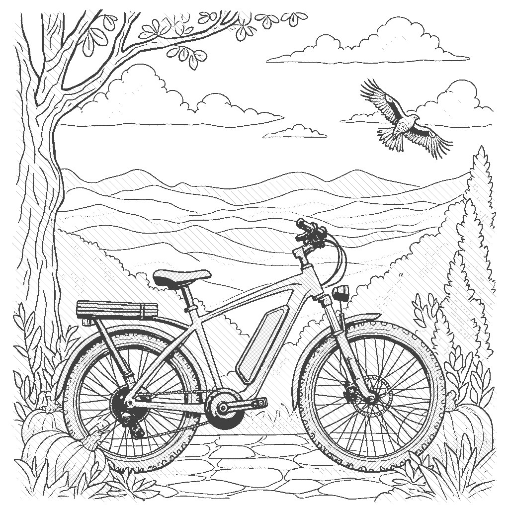 Coloring Page: Electric Bike Adventure - An electric bike is parked next to a scenic lookout, with a panoramic view of mountains and a hawk flying in the distance.