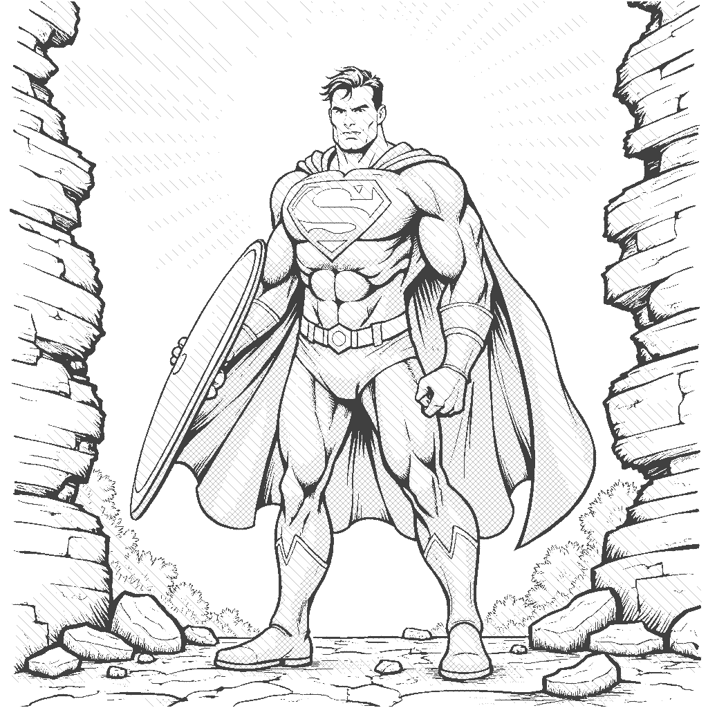 Coloring Page: The Mighty Shield - A superhero with a bright, reflective shield stands proudly in front of a crumbling wall, ready to protect the innocent from an incoming threat. The sun sets in the background, casting a heroic glow.