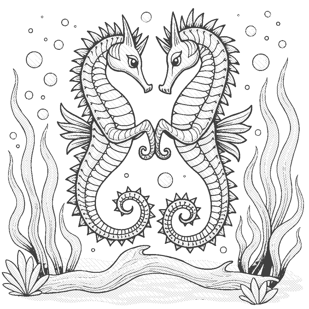 Coloring Page: Seahorse Ballet - Two elegant seahorses twirling gracefully around a piece of driftwood, surrounded by floating seaweed and bubbles in the ocean.