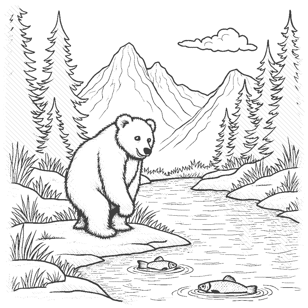 Coloring Page: Bear by the River - A bear stands beside a river, catching fish in the water, with tall trees and mountains in the background.