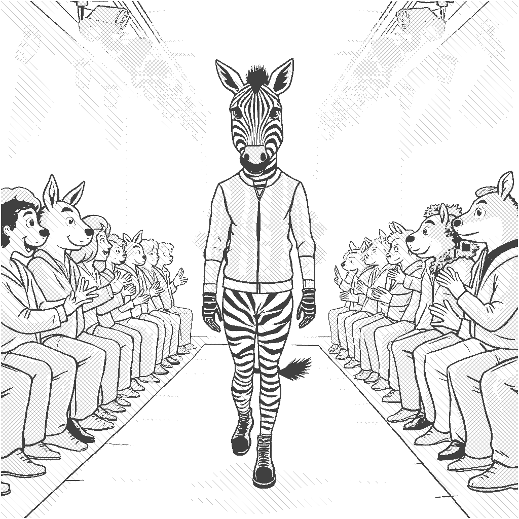 Coloring Page: Zebra's Fashion Show - Illustrate a fashion show featuring a stylish zebra on the runway, surrounded by bright lights and cheering animal fans. The zebra is wearing a colorful outfit made of stripes.