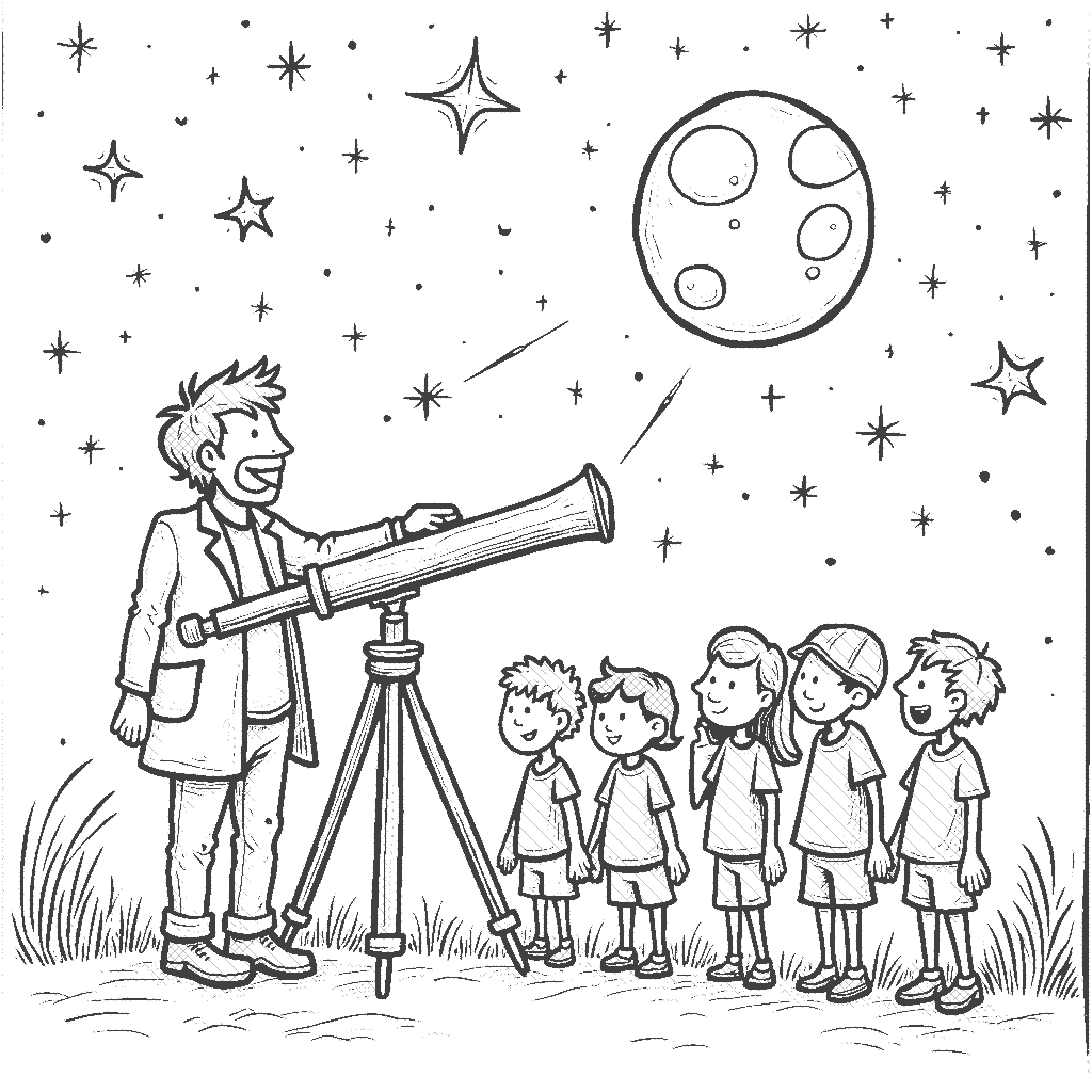 Coloring Page: Astronomer's Night Sky - An astronomer is standing next to a telescope on a hilltop, pointing out constellations to a group of excited kids. The night sky is filled with twinkling stars, a glowing moon, and shooting stars!