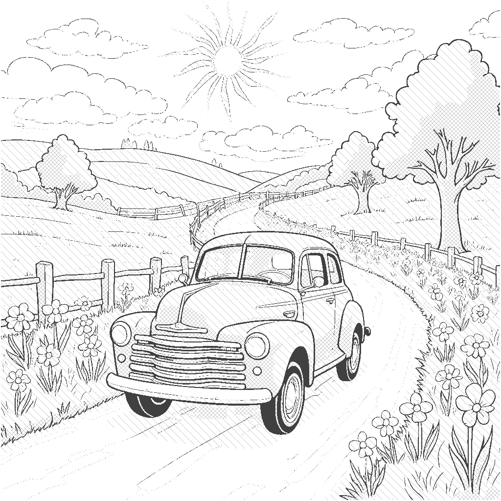 Coloring Page: Vintage Car on a Country Road - A vintage car drives along a winding country road, surrounded by fields of wildflowers and trees, with a bright sun overhead and fluffy clouds in the sky.