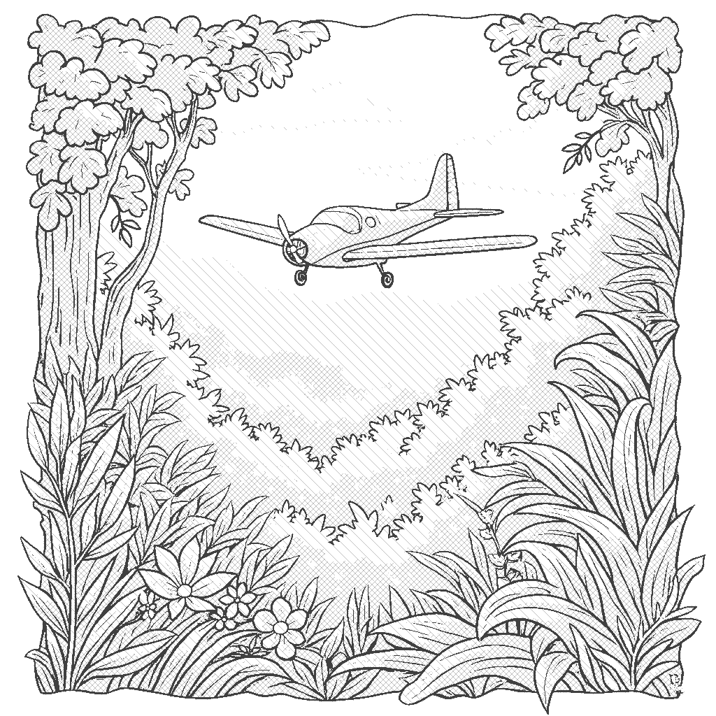 Coloring Page: Jungle Journey - A bush plane flying over a lush green jungle, spotting monkeys swinging on vines and exotic birds flitting through the treetops.