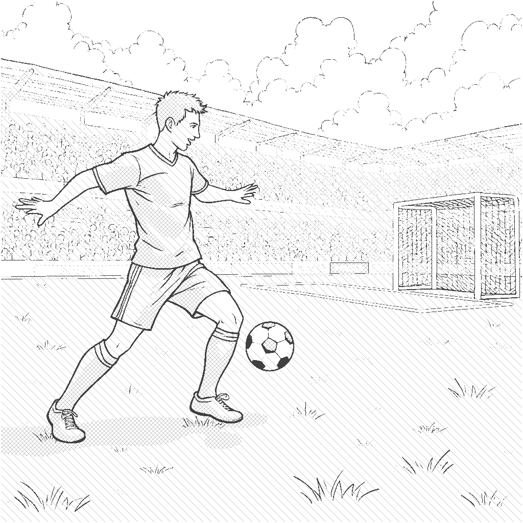 Coloring Page: Football Player Training - A football player practicing his kicks on a vibrant green field, with goalposts in the background and a cheering crowd.